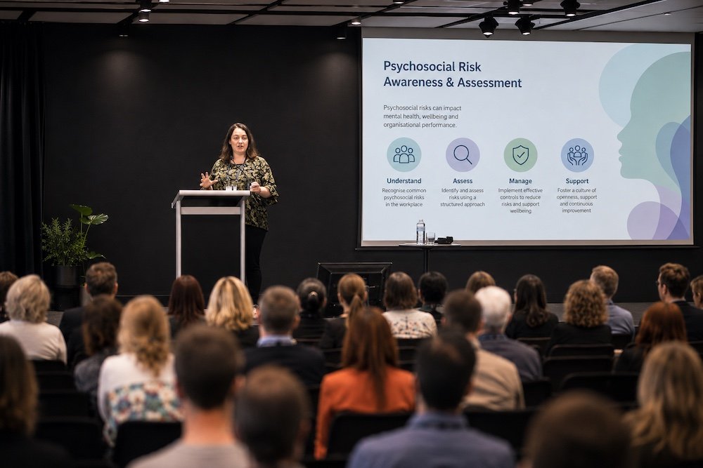 Kelly Quirk presenting psychosocial risk awareness and assessment training to a workplace audience