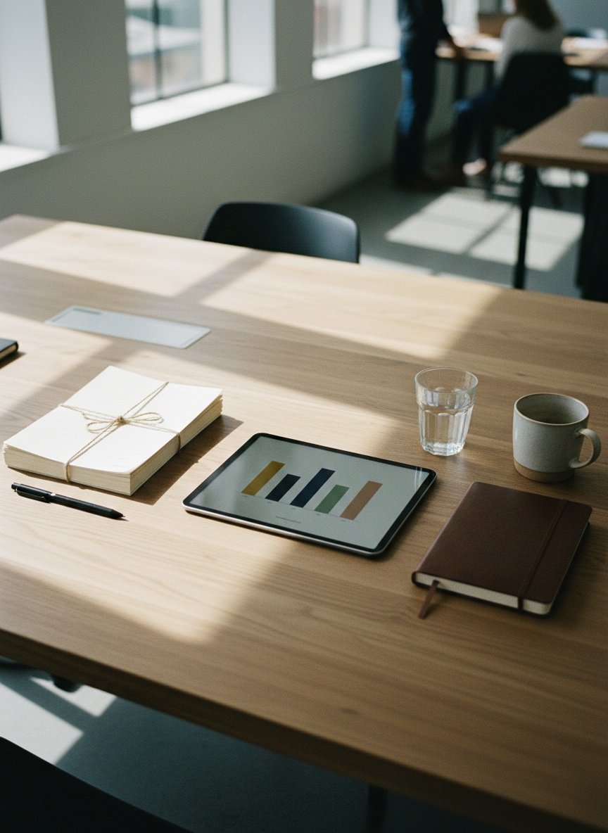 Overhead flat-lay of a tablet displaying a coloured-bar risk heatmap, with a leather notebook, pencil and coffee mug on a timber desk