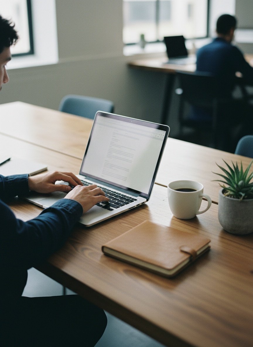 Overhead close-up of hands typing on a laptop at a warm timber desk with a leather notebook, white coffee mug and a small plant