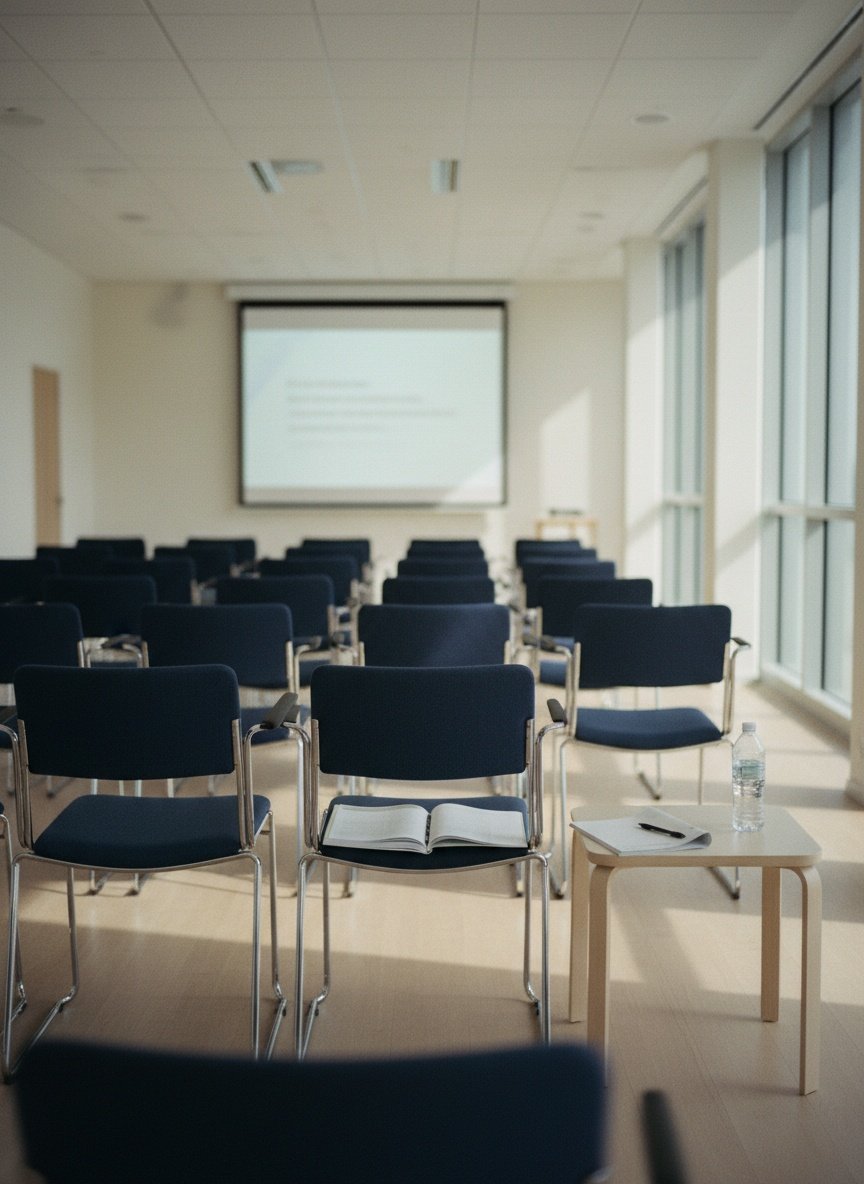 A workplace training room with rows of chairs facing a screen, soft daylight from tall windows